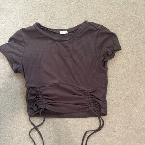 Garage Brown Ribbed Drawstring Crop Tee